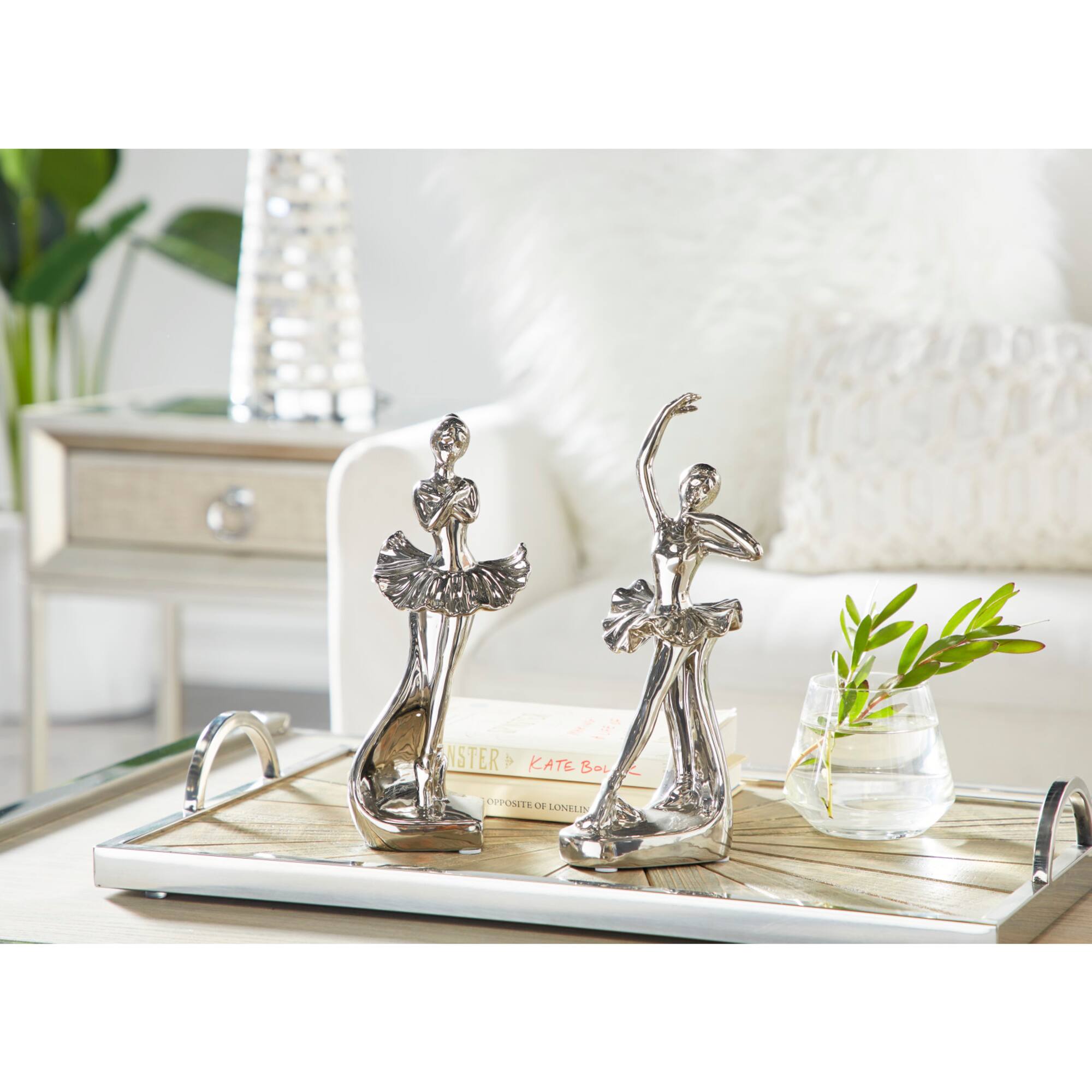 Set of 2 Silver Porcelain Glam Dancer Sculpture, 4" x 11"